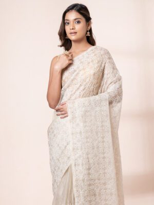 Heavy Embroidery with Lace on Tissue Silk Blended Saree - Unstitched Blouse